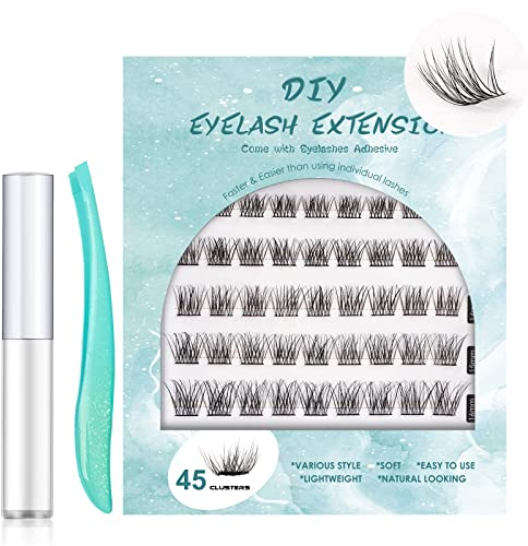SISILILY Cils Extension de Cils - 3D Faux Cils avec Colle - 45 Grappe Russes Volume 0.07mm C Curl Extensions de Cils Naturel Réutilisables Longueur 10 12 14 15 16mm Mix (DM04)