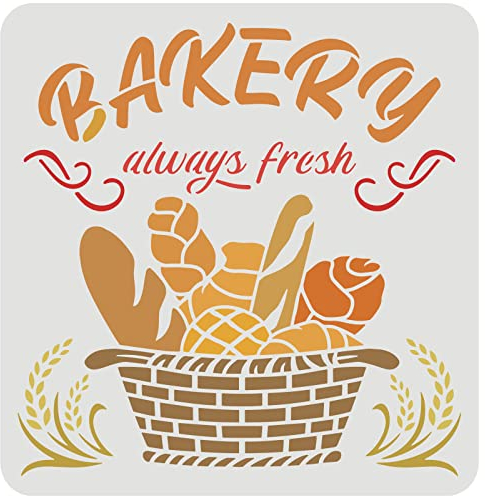 FINGERINSPIRE Bäckerei Schablone Brotkorb Malschablone 30x30cm Französische Bäckerei Malerei Schablone PET Weizenohren Handwerk Schablonen Wandfliese Dekoration mit Buchstaben von Bakery Always Fresh