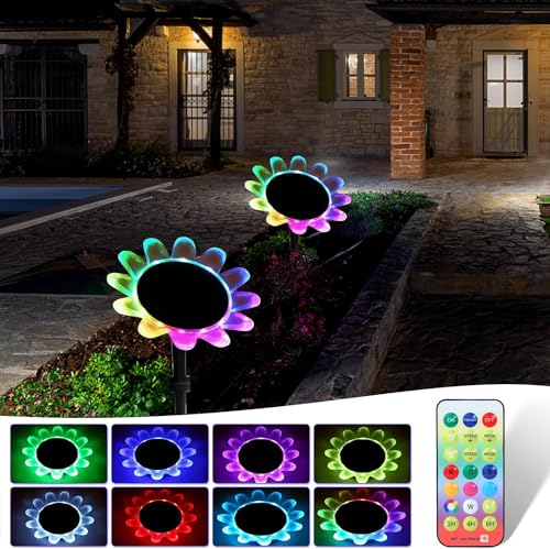 AGM Gartenleuchten LED Solar 2er, Solarlampen für Außen Garten Deko IP68 Wasserdicht Solarlampe Blume 8 Beleuchtungsmodus mit Fernbedienung Balkon Wege Garten Dekoration