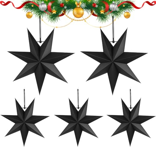 5 Stück Faltstern Weihnachten,7 Zacken Papiersterne,40cm Papierstern Dekoration,Papier Faltsterne,Papiersterne Weihnachten,Stern zum Aufhängen,Papiersterne 3D,Papiersterne zum Aufhängen (Schwarz)