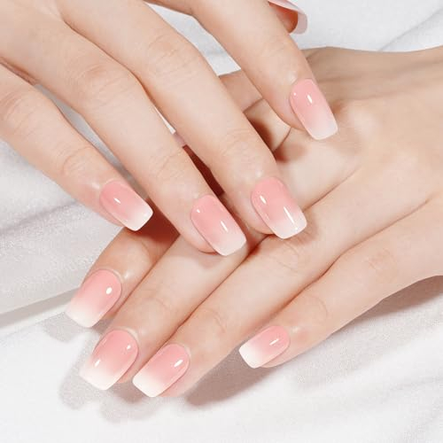 TOMICCA 24 Pièces Soft Gel Carrés Faux Ongles Court French, Gel Press on Ongles, Couverture Gradient French Capsule Ongles, Ongles Artificiels, Square Faux Ongles à Coller Nail Art