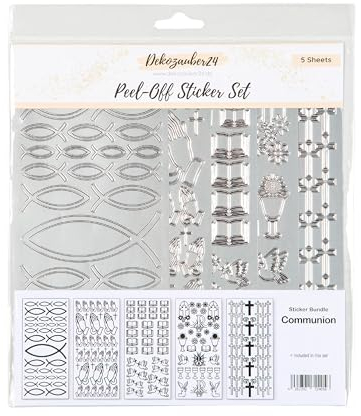 DKZBR Konturensticker Kommunion & Konfirmation, silber, 5er Set, über 200 Sticker, Einladungskarten gestalten, Sticker Motive Fisch Kreuz zum Ausmalen