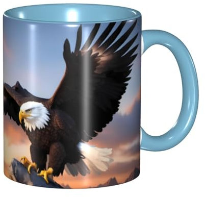 YYHHAOFA Tasses en céramique bleu ciel pour cappuccino, latte, céréales, yaourt, lait, boissons chaudes ou froides, four à micro-ondes, imprimé aigle à tête blanche