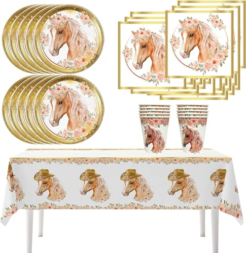 Lot de 41 vaisselle de fête motif chevaux - Assiettes en carton - Serviettes de table - Décoration pour anniversaire d'enfant - Chevaux - Décoration d'anniversaire d'enfant