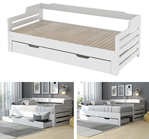 Merax Daybed Frames 3FT Single Bed mit Storage, Pull out Trundle Wooden Bed with Drawer for Children Adults, for Living Room and Bedroom, 90 x190 cm, White