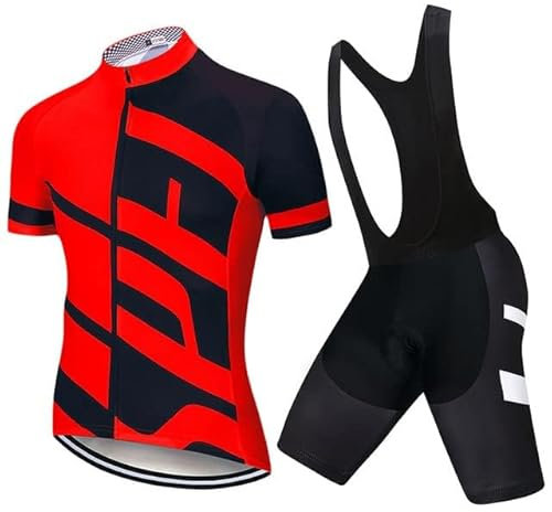 VeloZenith Herren Fahrradtrikot Set schnell trocknendes Radtrikot kurzarm mit Sitzpolster atmungsaktives Shirt + Trägerhose/Radlerhose für Radsport S-2XL,Schwarzrot mit Träger,L