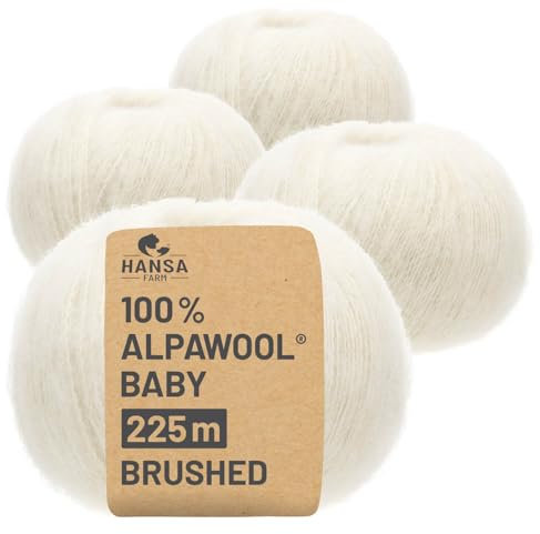 HANSA-FARM |Alpawool 100% Baby Alpaka Brushed 200g Set (4 x 50g) leichte und kratzfreie Wolle zum Stricken & Häkeln - NFA01 Natur