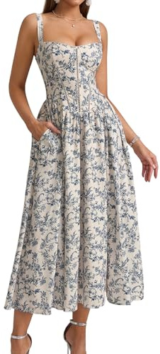 KUTUMAI Summer Floral Corset Midi Wedding Guest Dresses for Women