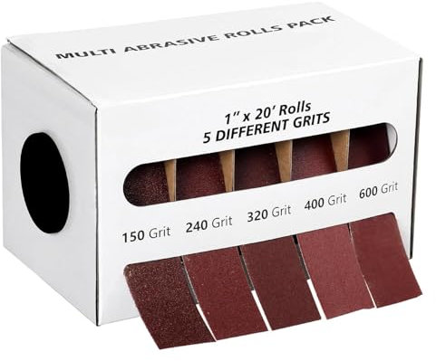 MANICAF Lot de 5 rouleaux de papier abrasif pour bois de différents grains, 25 mm x 6 m, grain 150/240/320/400/600 pour le travail du bois, le polissage du métal