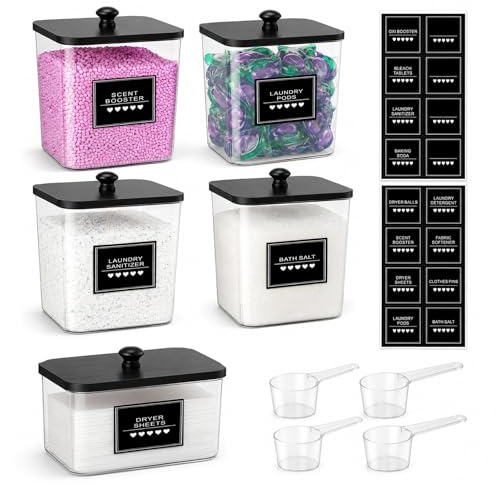 4+1 Pack Laundry Storage Containers with Wooden Lids, Laundry Detergent Storage Containers, Clear Acrylic Canisters for Detergent Pods, Scent Boosters and Dryer Sheets, Includes 4 Scoops and Labels