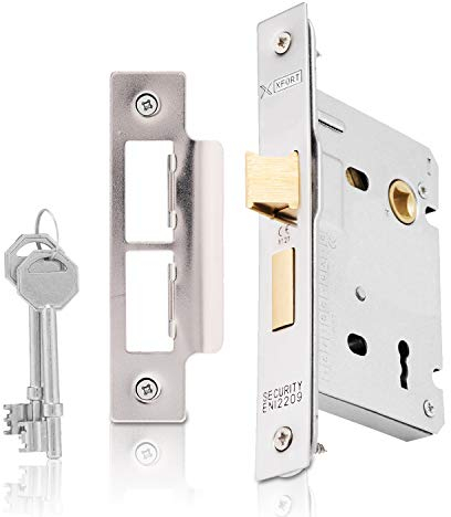 XFORT® 3 Lever Polished Chrome Mortice Sashlock 75mm, Door Lock with Key for Internal and External Doors, Door Latch Mechanism and Key Locking Door Security, CE Approved and Fire Rated Protection