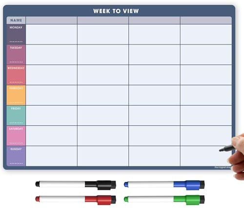 TMS A4 Magnetic Weekly Planner Whiteboard for Fridge | Dry Wipe Meal Planner, Calendar or Memo Board | Plan Family or Business Tasks | Dry Erase to Do List Magnet | with 4 Dry Erase Pens [30 x 21cm]