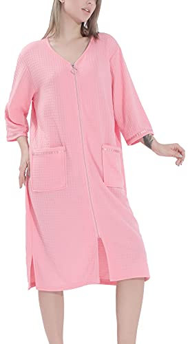 FEOYA Robe de Chambre Femme Fermeture Eclair Eté Peignoir de Bain Unisexe Court Manches 3/4 Peignoir avec Poches Femme Rose 2XL/3XL