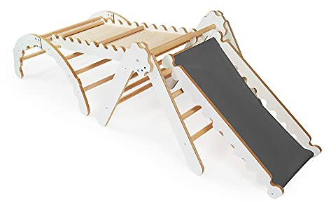 MAMOI® Set Klettergerüst Indoor, Kletterdreieck mit rutsche aus Holz, Kletterbogen, Baby Kinder Klettern, Klettergerüst mit Rutschbrett, Holzbogen für Spielplatz ab 1/2/3 Jahre, Montessori