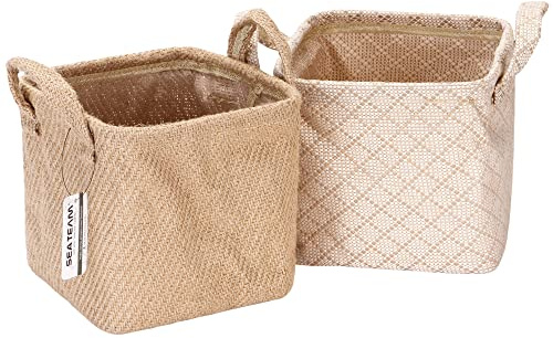 Sea Team Storage Baskets Organizer Box Bins in Jute and Cotton Linen Foldable with Handle Decorative for Home Toiletry Stationery Sundries Toys Jewerly Color Beige 17 * 17 * 17CM 2PCS