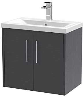 Hudson Reed JNU2223A Juno Modern Bathroom Wall Hung 2-Door Vanity with Mid-Edge Ceramic Basin, 600mm, Woodgrain Graphite Grey