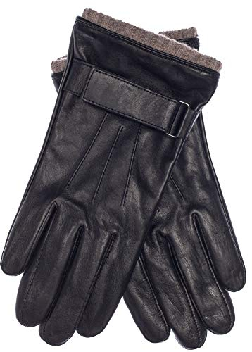 EEM Herren Lederhandschuhe, weiches italienisches Leder, Klettverschluss, Fleecefutter, Strickbündchen, schwarz L