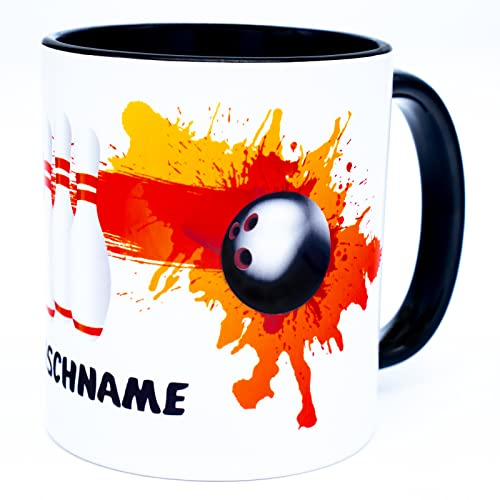 Bowling Tasse mit Namen Kugel & Pin/Kegel Motiv personalisierte Bowler Becher Spieler Zubehör Ausrüstung Geschenk Geburtstag Geschenkidee Geschenkartikel Deko Geschenkbox Weihnachten Keramik 330 ml
