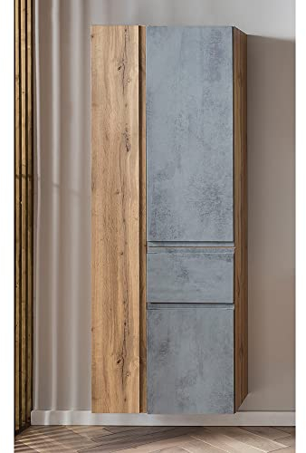 Lomadox Badezimmer Hochschrank mit Schublade 65cm in Wotan Eiche Nb. mit Beton Optik, B/H/T ca. 65/180/35 cm