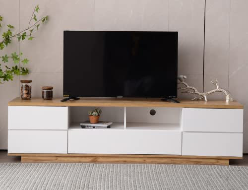 HAINEW Meuble TV bas moderne avec portes et étagère, surface brillante de blocage des couleurs, meuble TV, support TV avec grain de bois, bois et blanc, 180 x 38 x 46 cm
