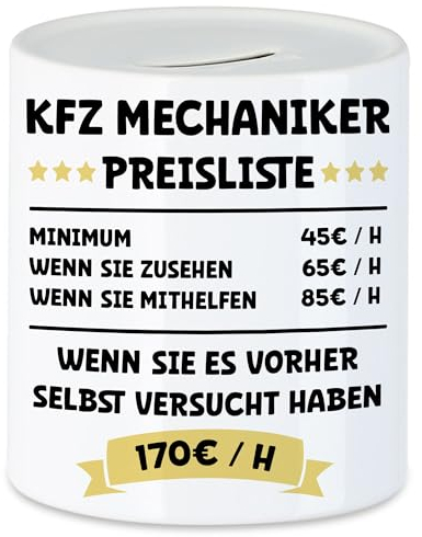 Hey!Print KFZ Mechaniker Preisleiste Spardose Schwarz Beruf Arbeit Job Autos Autohaus Technik Werkstatt Werkzeug Auto