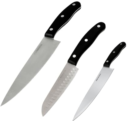 Nirosta Fit Set de Cuchillos de Cocina, incluye Cuchillo de Chef 31 cm, Cuchillo Santoku 26 cm y Cuchillo Universal 33 cm, Hoja de Acero Inoxidable Muy Afilado, Mango POM con Remaches, 3 uds.