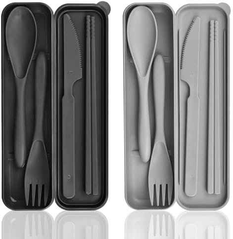 Besteck Set, 2 Pcs Camping Besteck mit Koffer, Kunststoff Reisebesteck Löffel Messer Gabel Essstäbchen Etui, Campingbesteck Tragbares Besteckset Wiederverwendbares für Picknick Outdoor (Schwarz, Grau)