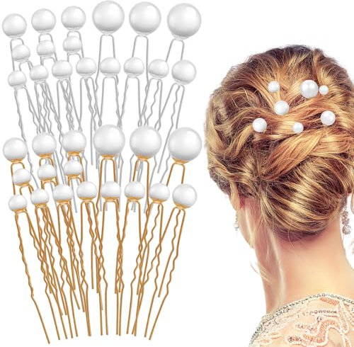 Yuanchu Perlen Haarschmuck,36 Stück Perlen-Haarnadeln 5 Größen U-förmige Perlenhaarnadel für Hochzeit Party Schleier Braut Brautjungfer Haare Damen Frauen