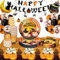 YIMAKJ Halloween Vaisselle Set, Halloween Décoration Set, 86 Pièces Halloween Fête Vaisselle avec Assiette Halloween, Gobelets, Bannières Happy Halloween, Nappes, Ballons pour La Halloween Décoration