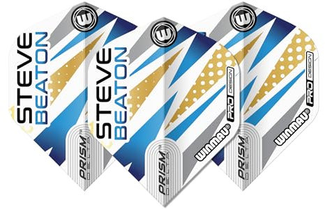 WINMAU Dart Flight - Professioneller Spieler - Prism Delta Steve Beaton Extra Thick 100 Micron - 1 Satz pro Packung (insgesamt 3 Dart-Flights) - Professionelles Dart Zubehör - Weiß, Blau & Gold Flüge