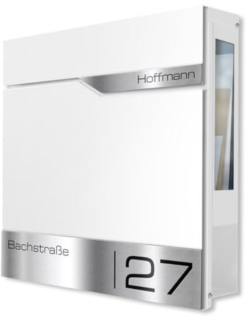 Metzler Briefkasten Weiß mit Sichtfenster und Zeitungsfach – Wandbriefkasten mit Namensschild aus Edelstahl personalisiert mit Laser Gravur – Postkasten wasserdicht mit Fenster | Siebert SF