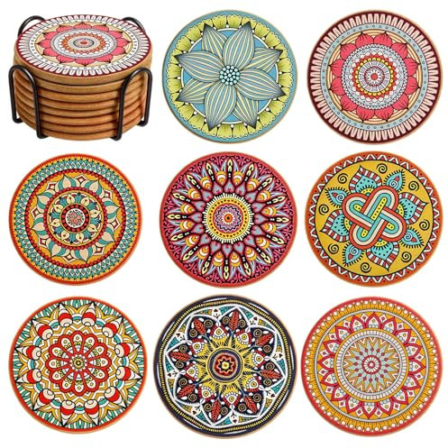 Coasters Set of 8,Cork Coasters for Drinks,Colorful Drink Coaster with Holder,Cute Coaster for Coffee Table,Boho Apartment Home Decor,Boho Gifts for Women