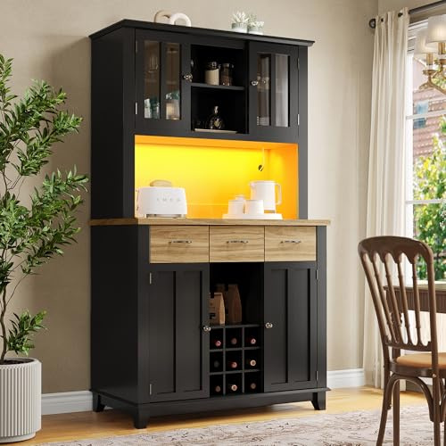 Ligterra Küchenschrank mit Arbeitsplatte, Hochschrank Küchenbuffet, Vitrinenschrank, Buffetschrank mit Verstellbaren Ablagen, Holzfarbene Schubladen, Vorratsschrank mit LED-Beleuchtung(Schwarz)
