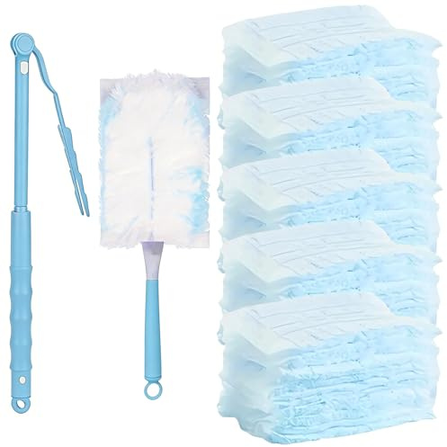 52 Piezas Recambios Plumero Atrapapolvo, Compatible con Swiffer & Otros Dusters, Piezas de Microfibra Desechable, 50 Paños, 2 Asas, para Limpiar Polvo, Pelo de Animales y Suciedad (Azul)