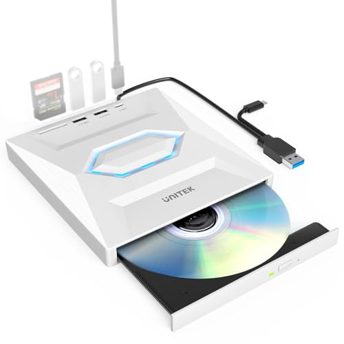 UNITEK Externes CD DVD Laufwerk, USB C Tragbares CD/DVD +/-RW Laufwerk/DVD Player mit SD Card Reader USB 3.0 USB C Hub CD ROM Brenner Kompatibel mit Laptop Desktop PC Windows Linux OS Apple Mac