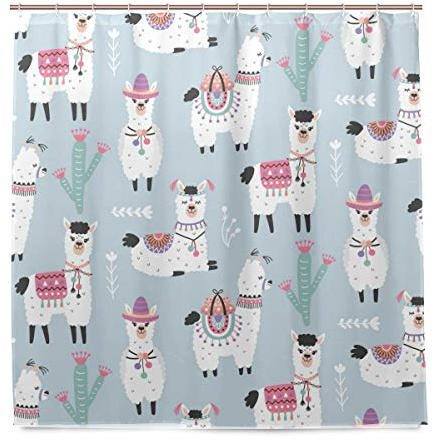 BALII Duschvorhang mit Cartoon Lama Alpaka und Kakteen Motiv, 183 x 183 cm, Polyester, Wasserdicht, Badvorhänge mit 12 Haken für Badezimmer