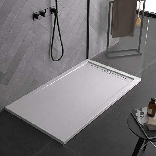 Piatto doccia bianco, in mineralmarmo, con effetto pietra ardesia, serie Paris, slim 3 cm, rivestito di Gelcoat, antiscivolo (70x170)