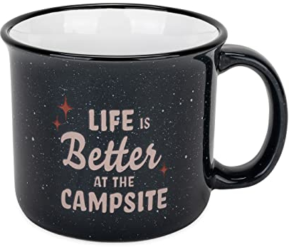 Camco Keramiktasse mit Aufschrift Life is Better at The Campsite, grau/blau, mikrowellen- und spülmaschinenfest, mit roten Retro-Sternen und Tan Life is Better at The Campsite Design, 400 ml (53473)