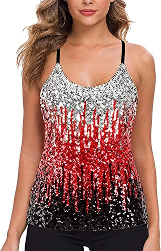 WILLIAMHUA Damen Pailletten Tops Glitzer Oberteile Sparkle Party Weste Ärmellos Tunika Weste Damen Sequin Tank Top (L, Rot)