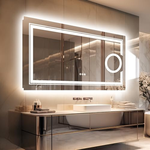 LUVODI Badspiegel mit Vergrößerungsspiegel Belechtung: Große LED Badspiegel 120x60cm Antibeschlag Wandspiegel mit TouchSchalter 3000K-6000K Dimmbar Lichtspiegel 3-Fach Vergrößerung
