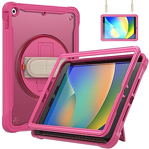 UFinetech iPad 10.2 Zoll Schutzhülle 2021/2020/2019 für 9./8./7. Generation - Stoßfeste Robuste Hülle mit Stifthalter, 360° Drehbarer Handschlaufe und Schultergurt, Multi-Winkel Ständer Cover, Rosa