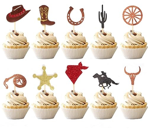 60PCS Cowboy Cupcake Toppers 10 Shape Glitter HorseShoe Cowboy Hats Boots Cupcake Picks for Western Theme Baby Shower Boy Birthday Party Cake Decorations Supplies