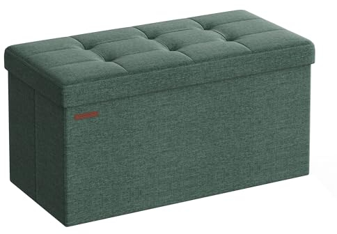 SONGMICS Sitzhocker mit Stauraum, klappbare Sitzbank, 38 x 76 x 38 cm Fußbank, Aufbewahrungsbox, bis 300 kg belastbar, für Wohnzimmer Schlafzimmer Flur, vintagegrün LSF047C01