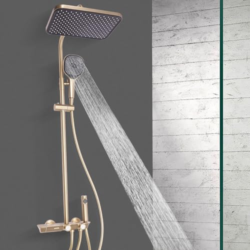 KEESUNG Gold Duschsystem mit Thermostat, Gold Gebürstet Bad Duschsystem Wandmontage Duscharmatur Set Wandhalterung Brausegarnitur Duscharmatur mit Duschkopf und Kopfbrause