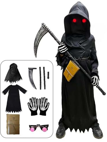 Tosekry Costume Halloween Bambino, Vestito Halloween Bambino Costumi Halloween Bambini con Death Notebook, Tuta, Cappuccio, Occhiali Fosforescenti, Falce e Guanti(4-5 anni)