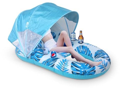 Pool Floats Lounger Adult,Pool Inflatables,Pool Float Lounge with Canopy Raft Floaties Water Floating Recliner Chair with Cup Holders Foot Rest Swimming Floaty