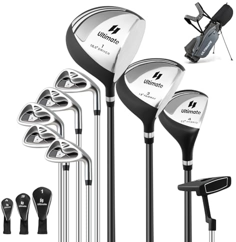 GYMAX Set Complet de Golf 10 Pièces Sac et Clubs, Driver 1#, Bois de Parcours 3#, Hybride 4#, Fers 6# 7# 8# 9#, Pitching Wedge, Putter, Sac de Golf Portable Trépied, pour Hommes Droitiers (Gris)