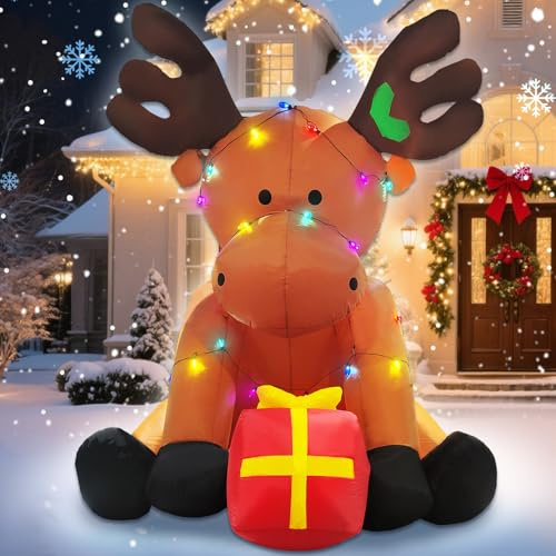Aufblasbare Weihnachtsdekoration für den Außenbereich, 2,4 m, riesige aufblasbare Rentier-Hof-Dekoration mit bunten Lichterketten, aufblasbare LED-Lichter, Urlaubsdekorationen für drinnen und draußen