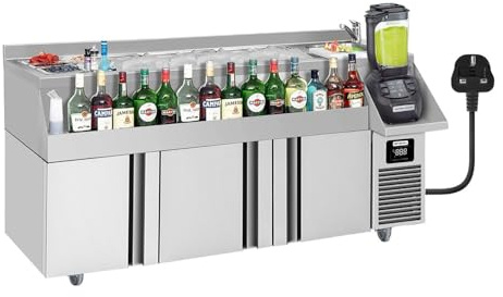 GGM Gastro BGKF235-UK - Mesa refrigeradora para bar y bebidas (1600 x 600 mm, 235 litros, con 3 puertas, estantes y ruedas)