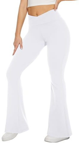 TNNZEET Schlaghose Damen Cross Waist Flared Yogahose Blickdicht Bootcut Leggings Jogginghose Jazzpants für Gym Sport(Weiß,S)